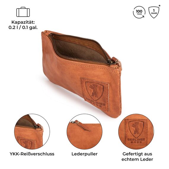 Berliner Bags Vintage Federmäppchen aus echtem Leder – Handgefertigtes Etui mit YKK-Reißverschluss, Federmappe - Braun