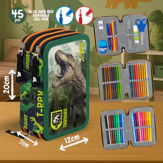 Jungen 3-Fach Federmäppchen – 45-teilig, komplett gefüllt – mit 2 löschbaren Gelstiften, Schere, Kleber, Buntstiften – ideal für Schule & als Geschenk – Julian Ross T-Rex Dinosaurier