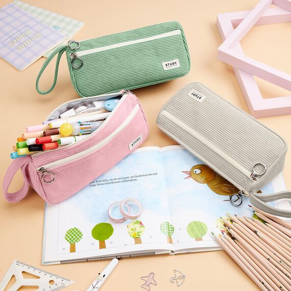 KALIDI Cord-stoff Federmäppchen mit 3 Fächer Große Kapazität Mäppchen Federtasche Stiftetasche Pencil Case Bleistifttasche für Schule & Büro