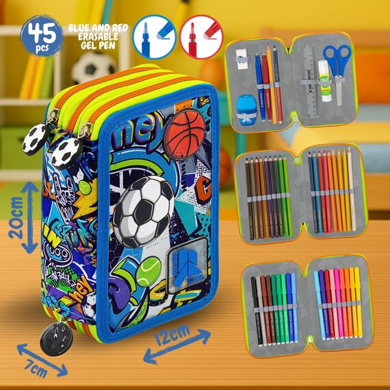 Jungen 3-Fach Federmäppchen – 45-teilig, komplett gefüllt – mit 2 löschbaren Gelstiften, Schere, Kleber, Buntstiften – Sport Design mit Fußball & Basketball – ideal für Schule & als Geschenk