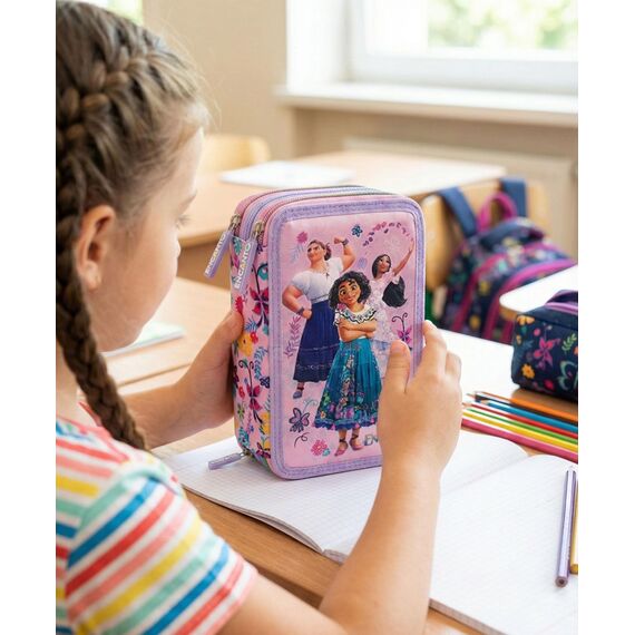 Julian Ross Mädchen 3-Fach Federmäppchen für Encanto-Fans – 44-teilig, komplett gefüllt – mit Schere, Lineal, Buntstiften – Rosa & Lila – Ideal für Schule & als Geschenk