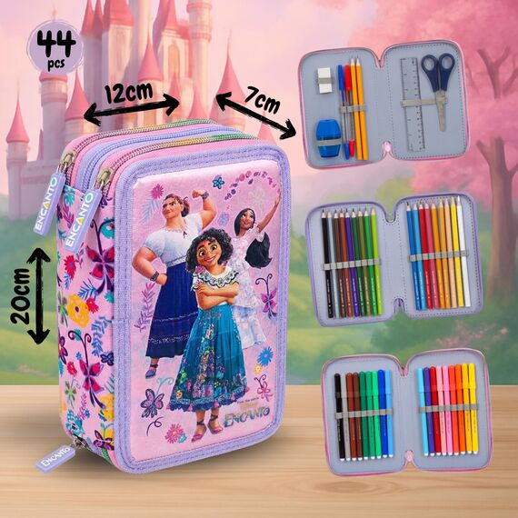 Julian Ross Mädchen 3-Fach Federmäppchen für Encanto-Fans – 44-teilig, komplett gefüllt – mit Schere, Lineal, Buntstiften – Rosa & Lila – Ideal für Schule & als Geschenk