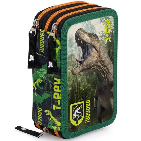 Jungen 3-Fach Federmäppchen – 45-teilig, komplett gefüllt – mit 2 löschbaren Gelstiften, Schere, Kleber, Buntstiften – ideal für Schule & als Geschenk – Julian Ross T-Rex Dinosaurier