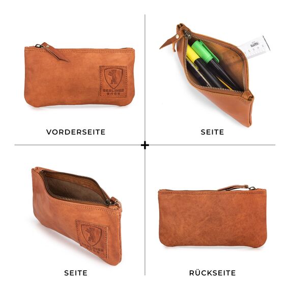 Berliner Bags Vintage Federmäppchen aus echtem Leder – Handgefertigtes Etui mit YKK-Reißverschluss, Federmappe - Braun