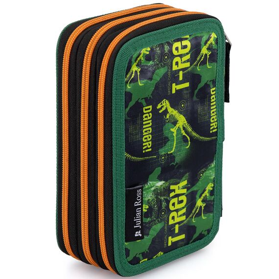 Jungen 3-Fach Federmäppchen – 45-teilig, komplett gefüllt – mit 2 löschbaren Gelstiften, Schere, Kleber, Buntstiften – ideal für Schule & als Geschenk – Julian Ross T-Rex Dinosaurier