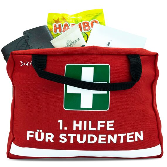 Dakita Erste-Hilfe Tasche für Studenten – Lustiges Geschenk zum Studienbeginn oder Abschluss der Prüfungen – 28×18×8 cm – rot, ohne Inhalt