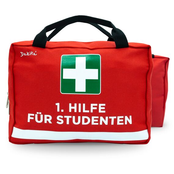 Dakita Erste-Hilfe Tasche für Studenten – Lustiges Geschenk zum Studienbeginn oder Abschluss der Prüfungen – 28×18×8 cm – rot, ohne Inhalt