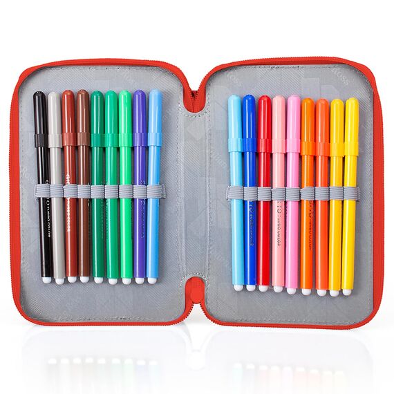 Julian Ross 3-Fach Federmäppchen für Jungen – 45-teilig, komplett gefüllt – mit 2 löschbaren Gelstiften, Schere, Kleber, Buntstiften – Fußball-Design Rot Schwarz – ideal für Schule & als Geschenk