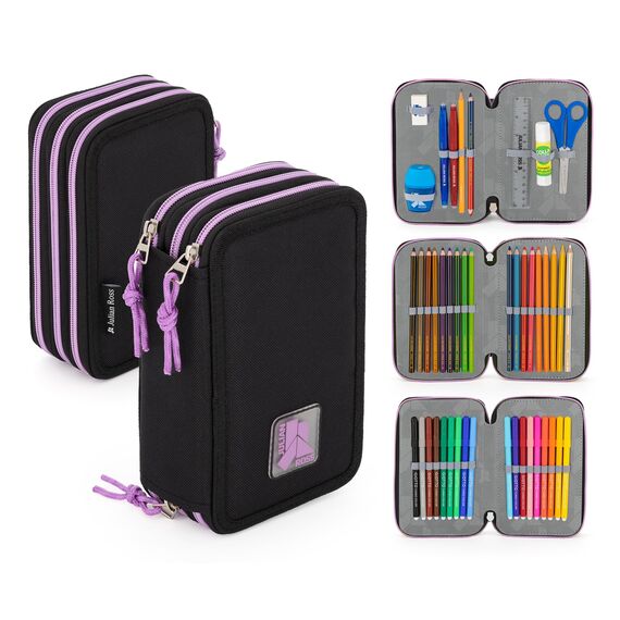 Julian Ross Stylische Mädchen 3-Fach Federmäppchen – 45-teilig, komplett gefüllt – mit 2 löschbaren Gelstiften, Schere, Kleber, Buntstiften – Schwarz und Violett – ideal für Schule & als Geschenk