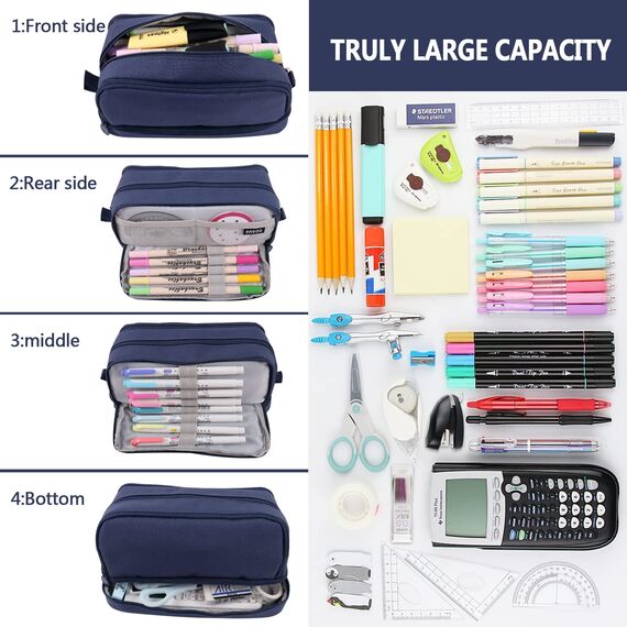 TZEKING Federmäppchen mit 4 Fächern - langlebige Pencil Case für Teenager - Kapazität-Reißverschluss-Strap