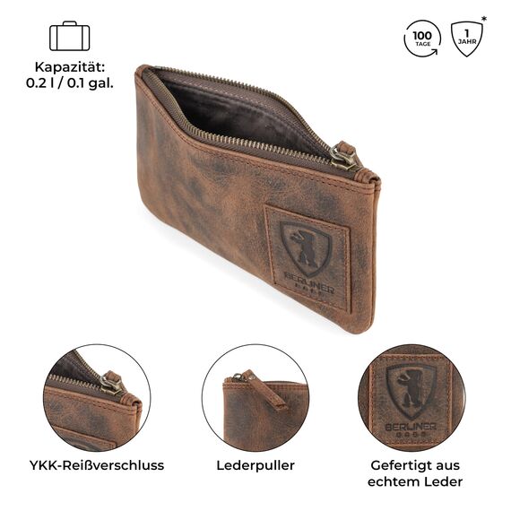 Berliner Bags Vintage Federmäppchen Etui aus Leder mit YKK Reißverschluss, Federmappe für Stifte - Braun