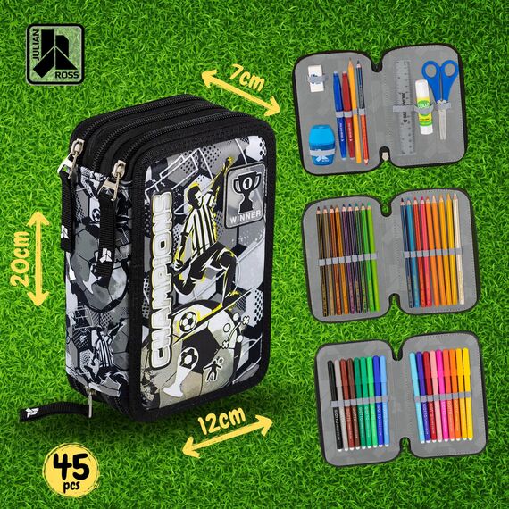 Julian Ross 3-Fach Federmäppchen für Jungen – 45-teilig, komplett gefüllt – mit 2 löschbaren Gelstiften, Schere, Kleber, Buntstiften – Fußball-Design Weiß Schwarz – ideal für Schule & als Geschenk