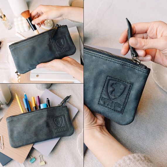 Berliner Bags Vintage Federmäppchen Etui aus Leder mit YKK-Reißverschluss, Robuste Federmappe für Stifte und Zubehör - Dunkelgrau