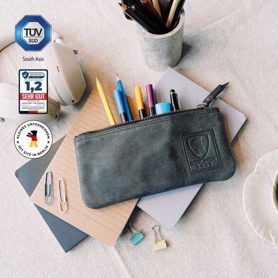 Berliner Bags Vintage Federmäppchen Etui aus Leder mit YKK-Reißverschluss, Robuste Federmappe für Stifte und Zubehör - Dunkelgrau