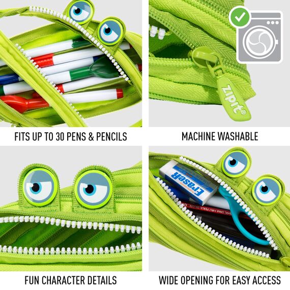 ZIPIT Wildlings Federmäppchen für Jungen, Großes Mäppchen für die Schule, Monster Etui für Kinder, Federmappe Grün