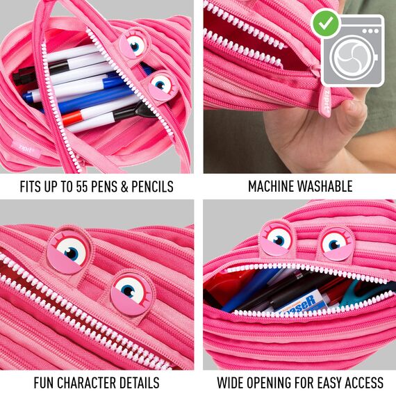 ZIPIT Wildlings Federmäppchen für Mädchen, Extra Großes Mäppchen für die Schule, Monster Etui für Kinder, Federmappe Rosa