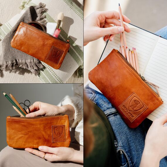 Berliner Bags Vintage Federmäppchen aus echtem Leder – Handgefertigtes Etui mit YKK-Reißverschluss, Federmappe - Braun