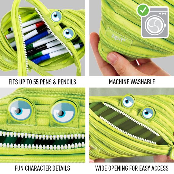 ZIPIT Wildlings Federmäppchen für Jungen, Extra Großes Mäppchen für die Schule, Monster Etui für Kinder, Federmappe Grün