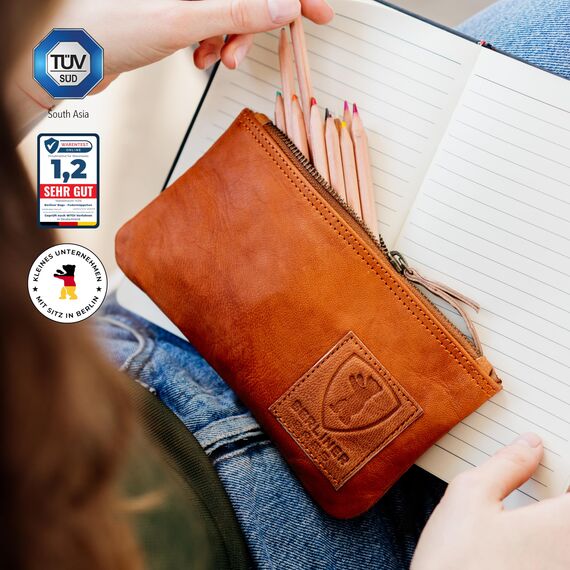 Berliner Bags Vintage Federmäppchen aus echtem Leder – Handgefertigtes Etui mit YKK-Reißverschluss, Federmappe - Braun