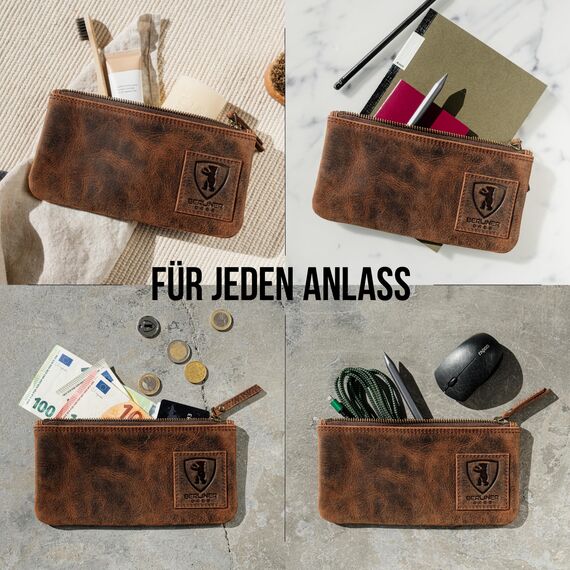 Berliner Bags Vintage Federmäppchen Etui aus Leder mit YKK Reißverschluss, Federmappe für Stifte - Braun
