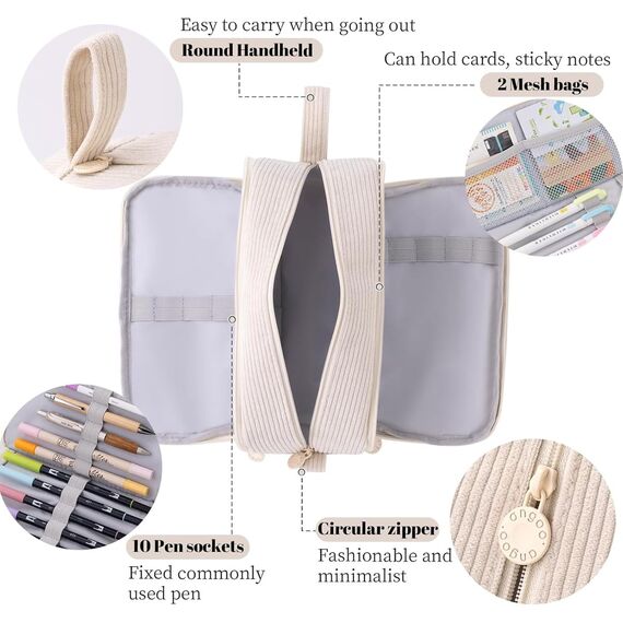 Federmäppchen Federtaschen Mädchen Mäppchen, Große Kapazität Pencil Case Cord Federmäppchen für Schule & Büro Erwachsener Mädchen Geschenk, Cream