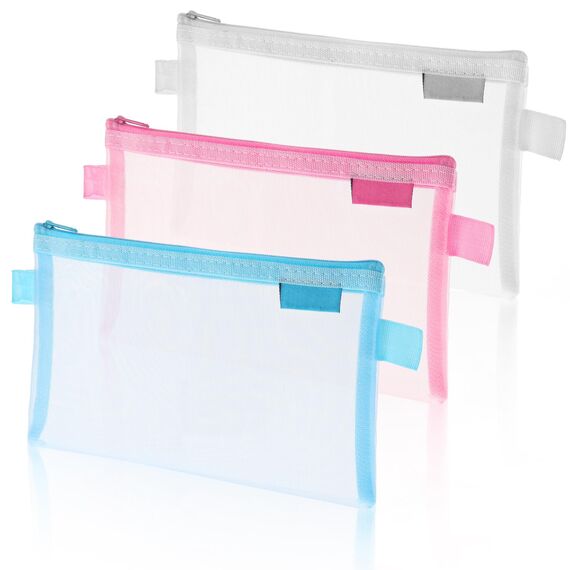 3 Stück Federmäppchen Transparent,Zip Mesh Reißverschluss Beutel,Groß Kapazität Mäppchen,Nylon-Netzstoff Stifttasche Federtaschen Schreibwaren Aufbewahrungsbeutel,für Reise Kosmetik Schule Bürobedarf