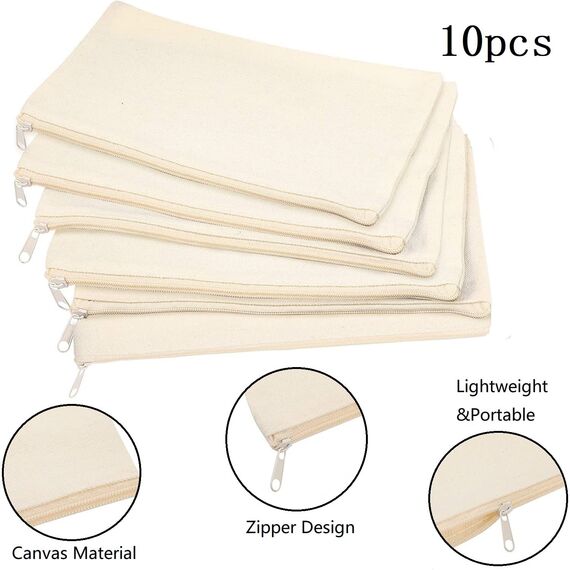 10 Stücke DIY Blanko Stoffbeutel, Stoff Federmäppchen Mäppchen zum Bemalen Kosmetiktasche Stoffbeutel Reißverschluss Blanko Makeup Tasche Reise Kulturbeutel Klein, 21 x 12 cm (Weiß)