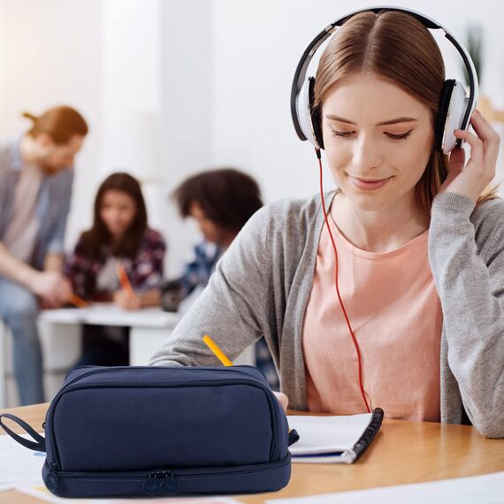 MAMUNU Dunkelblau Federmäppchen Große Kapazität, Mäppchen Federtaschen Etui Stifte 4 Fächer, Schreibwaren Stifttasche Tragbare Stifttasche Kosmetisches für Mädchen Teenager Erwachsene Schule & Büro