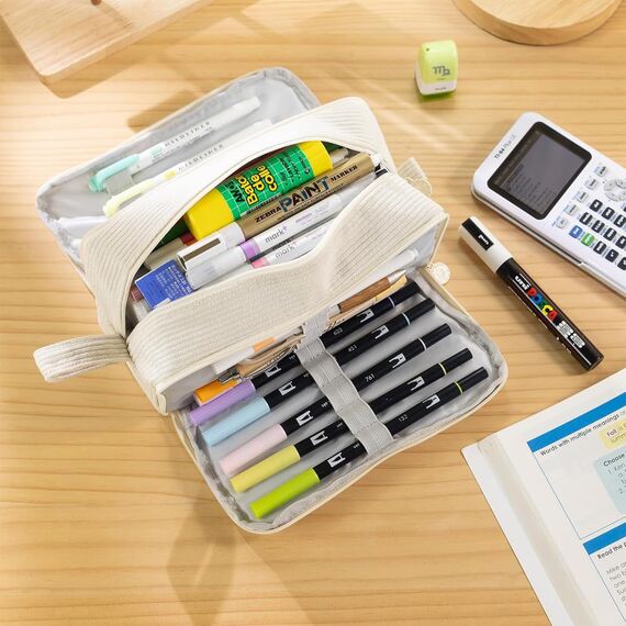 Federmäppchen Federtaschen Mädchen Mäppchen, Große Kapazität Pencil Case Cord Federmäppchen für Schule & Büro Erwachsener Mädchen Geschenk, Cream