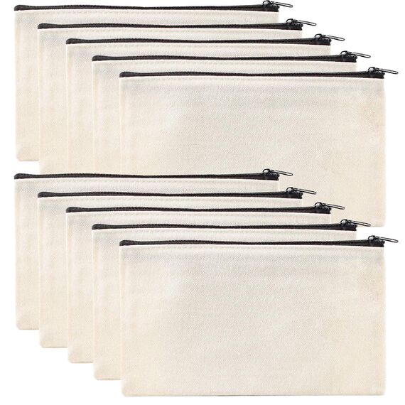 10 Stück Blanko Stoffbeutel, DIY Stoffbeutel mit Reißverschluss Blanko Federmäppchen Kosmetiktasche Schminktasche Kulturbeutel Mehrzweck Leinwand Mäppchen Stiftemäppchen zum DIY Bemalen