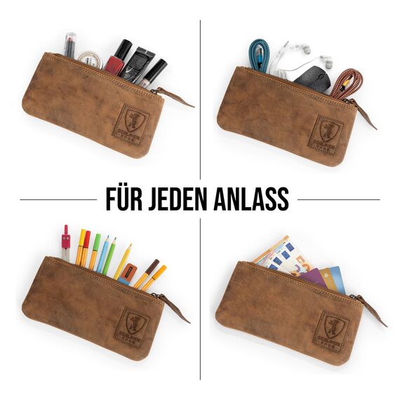 Berliner Bags Vintage Federmäppchen Etui aus Leder mit YKK-Reißverschluss, Robuste Federmappe für Stifte und Zubehör - Braun