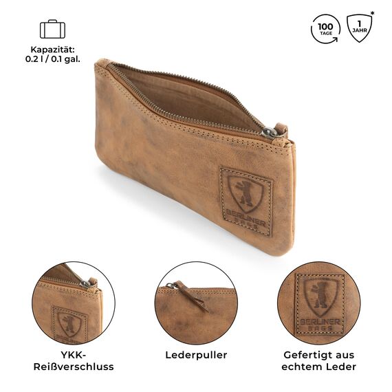 Berliner Bags Vintage Federmäppchen Etui aus Leder mit YKK-Reißverschluss, Robuste Federmappe für Stifte und Zubehör - Braun