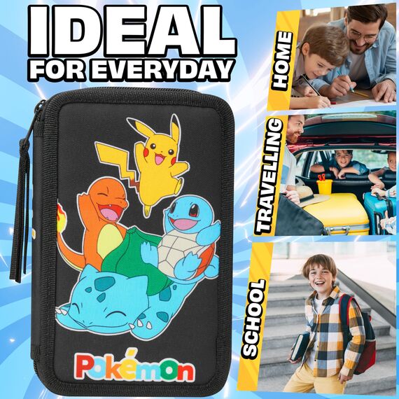 Pokemon Federmäppchen Jungen und Mädchen Mäppchen Gefüllt mit Schreibwaren Set Pikachu Geschenke für Kinder und Teenager (Glumanda Pikachu Schiggy Bisasam)
