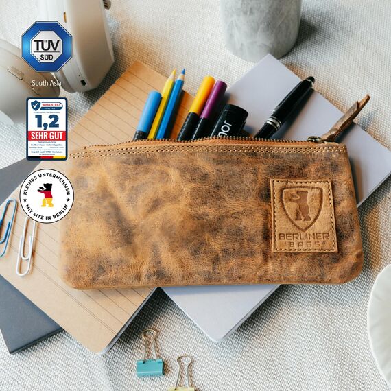 Berliner Bags Vintage Federmäppchen Etui aus Leder mit YKK-Reißverschluss, Robuste Federmappe für Stifte und Zubehör - Braun