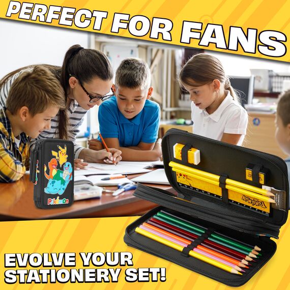 Pokemon Federmäppchen Jungen und Mädchen Mäppchen Gefüllt mit Schreibwaren Set Pikachu Geschenke für Kinder und Teenager (Glumanda Pikachu Schiggy Bisasam)