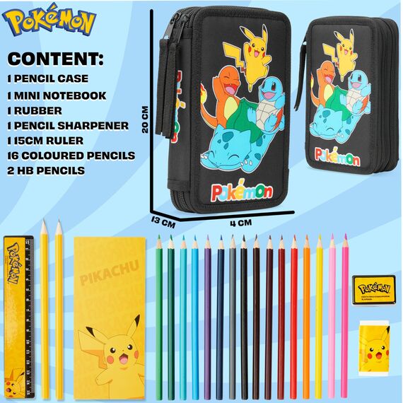 Pokemon Federmäppchen Jungen und Mädchen Mäppchen Gefüllt mit Schreibwaren Set Pikachu Geschenke für Kinder und Teenager (Glumanda Pikachu Schiggy Bisasam)