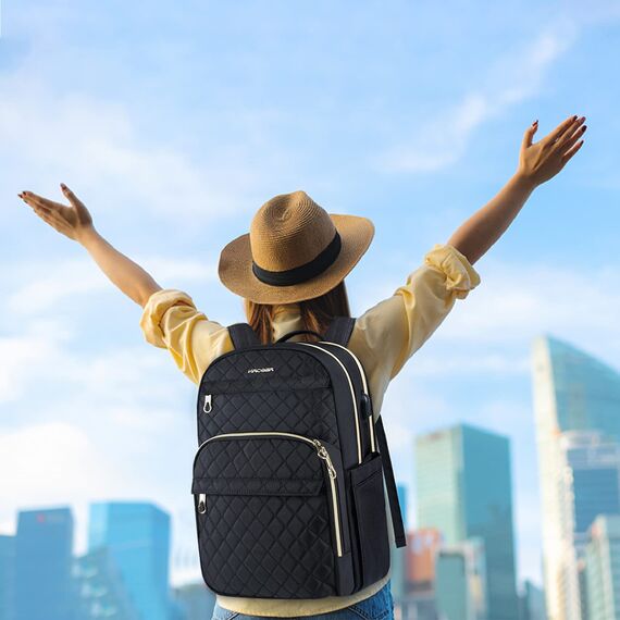 KROSER Laptop Rucksack Damen 15,6 Zoll Stilvoller Tagesrucksack, Wasserabweisender Nylon Schulrucksack Rucksack für Reisen/Business/Damen/Mädchen-Schwarz