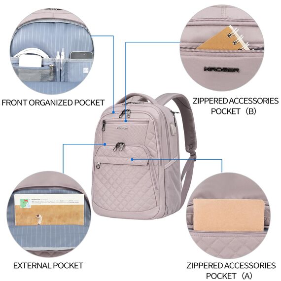 KROSER Laptop Rucksack 17,3'' Business Rucksack Schulrucksack Großer Wasserdicht Taschen Reise Backpack Daypack Mit USB und RFID-Taschen für Herren/College/Männer/Frauen Gestepptes Rosa