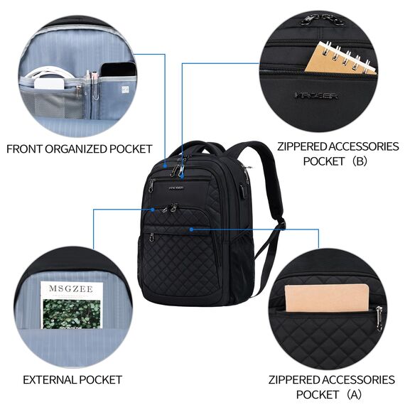 KROSER Laptop Rucksack 17,3'' Business Rucksack Schulrucksack Großer Wasserdicht Taschen Reise Backpack Daypack Mit USB und RFID-Taschen für Herren/College/Männer/Frauen Gestepptes Schwarz