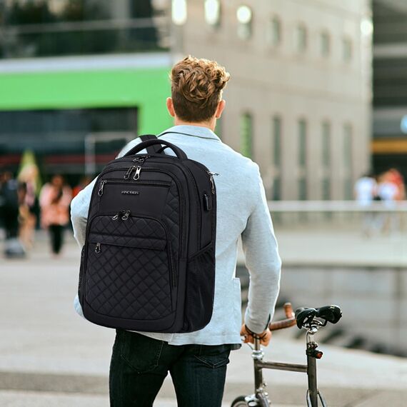 KROSER Laptop Rucksack 17,3'' Business Rucksack Schulrucksack Großer Wasserdicht Taschen Reise Backpack Daypack Mit USB und RFID-Taschen für Herren/College/Männer/Frauen Gestepptes Schwarz