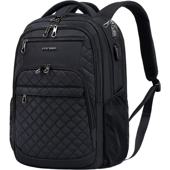 KROSER Laptop Rucksack 17,3'' Business Rucksack Schulrucksack Großer Wasserdicht Taschen Reise Backpack Daypack Mit USB und RFID-Taschen für Herren/College/Männer/Frauen Gestepptes Schwarz