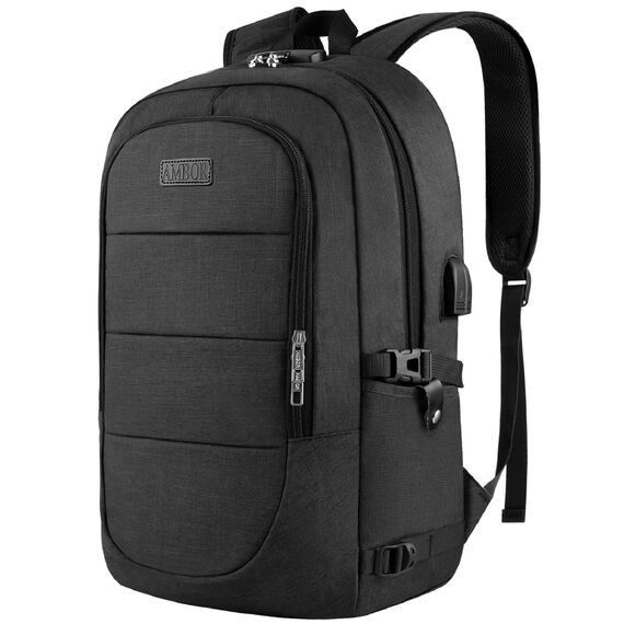 AMBOR Rucksack Herren, 17,3 Zoll Laptop Rucksack Schulrucksack mit USB-Ladeanschluss, Backpack Damen Anti-Diebstahl Rucksack Multifunktion Notebook Tasche Wasserdicht, Schwarz