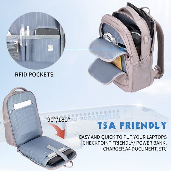 KROSER Laptop Rucksack 17,3'' Business Rucksack Schulrucksack Großer Wasserdicht Taschen Reise Backpack Daypack Mit USB und RFID-Taschen für Herren/College/Männer/Frauen Gestepptes Rosa