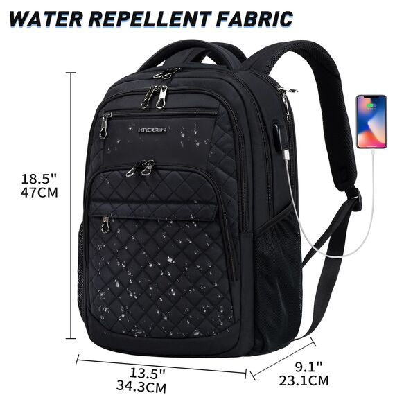 KROSER Laptop Rucksack 17,3'' Business Rucksack Schulrucksack Großer Wasserdicht Taschen Reise Backpack Daypack Mit USB und RFID-Taschen für Herren/College/Männer/Frauen Gestepptes Schwarz