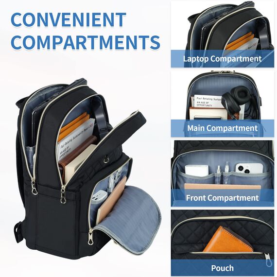 KROSER Laptop Rucksack Damen 15,6 Zoll Stilvoller Tagesrucksack, Wasserabweisender Nylon Schulrucksack Rucksack für Reisen/Business/Damen/Mädchen-Schwarz
