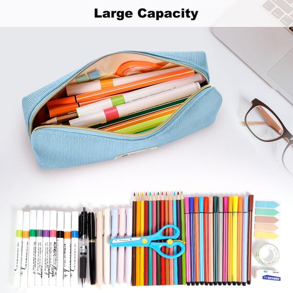 FINPAC Federmäppchen Mäppchen - Große Kapazität Federtasche Stiftetasche Schlamperbox Bleistiftbeutel Schulmäppchen für Schule Büro, Cord-Stoff Blau