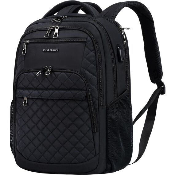 KROSER Laptop Rucksack 17,3'' Business Rucksack Schulrucksack Großer Wasserdicht Taschen Reise Backpack Daypack Mit USB und RFID-Taschen für Herren/College/Männer/Frauen Gestepptes Schwarz