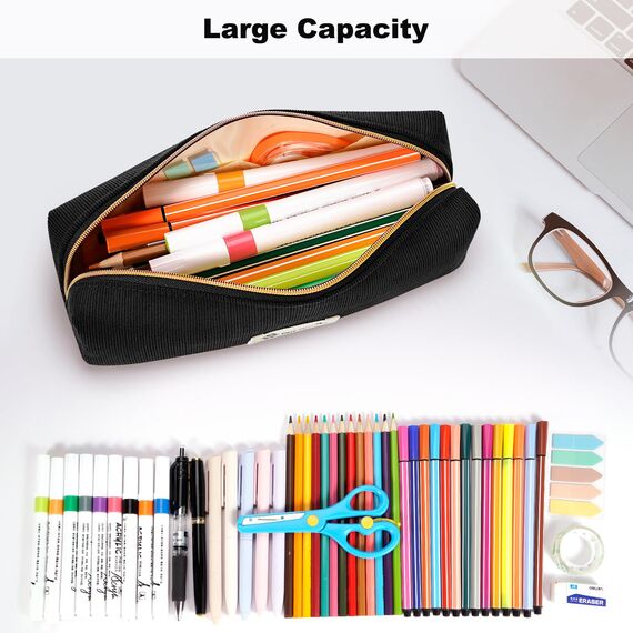 FINPAC Federmäppchen Mäppchen - Große Kapazität Federtasche Stiftetasche Schlamperbox Bleistiftbeutel Schulmäppchen für Schule Büro, Cord-Stoff Schwarz