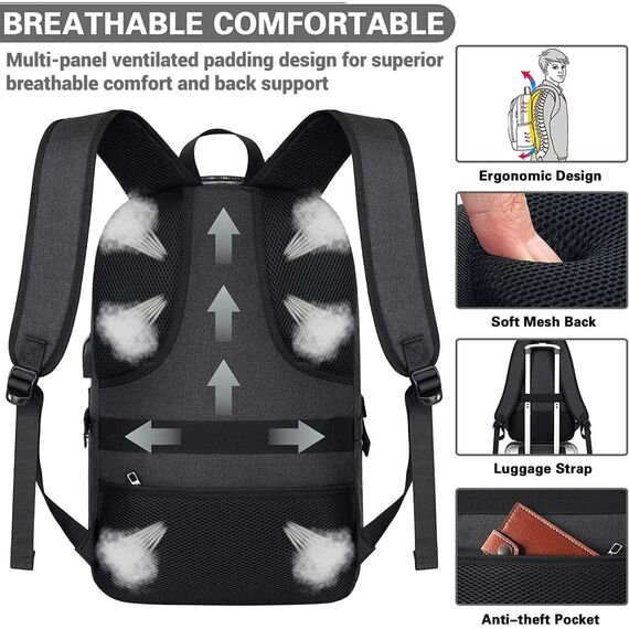 AMBOR Rucksack Herren, 17,3 Zoll Laptop Rucksack Schulrucksack mit USB-Ladeanschluss, Backpack Damen Anti-Diebstahl Rucksack Multifunktion Notebook Tasche Wasserdicht, Schwarz
