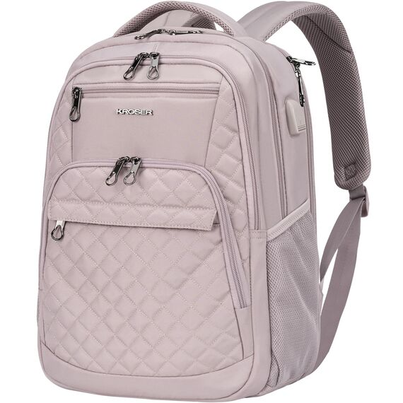 KROSER Laptop Rucksack 17,3'' Business Rucksack Schulrucksack Großer Wasserdicht Taschen Reise Backpack Daypack Mit USB und RFID-Taschen für Herren/College/Männer/Frauen Gestepptes Rosa